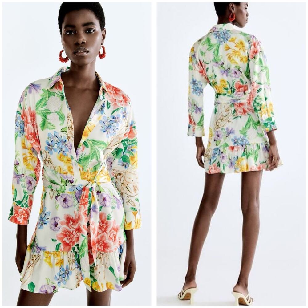 Zara Floral Satin Button Mini Shirt Dress Size Small Long Sleeve Ruffle Hem